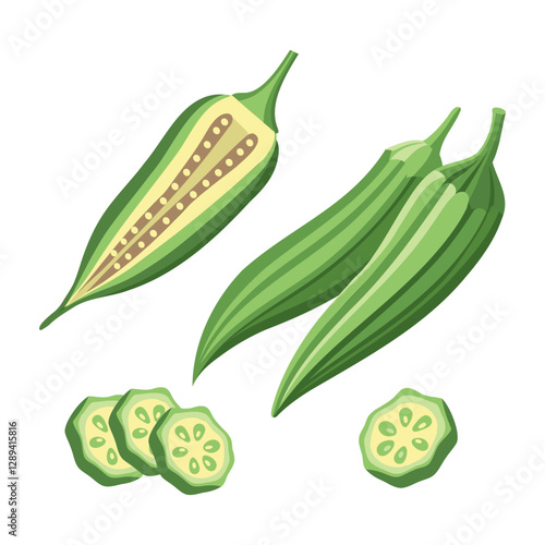 Collection of fresh green okra on white background. Green roselle or okra, cut pieces. Food illustration.