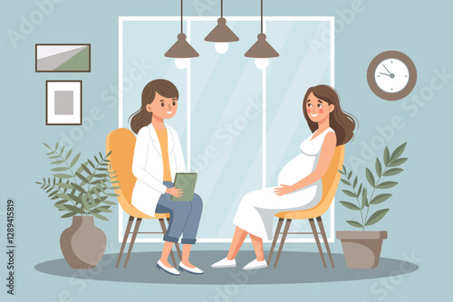 Prenatal doctor consultation. Pregnant woman with doctor. Monitoring pregnancy and healthy. Flat style illustration.