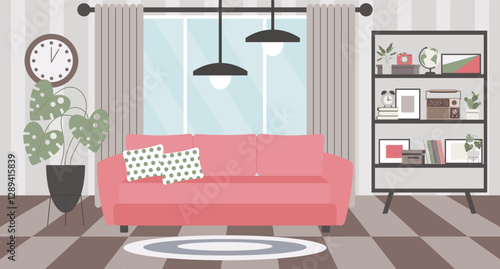 Living room interior with pink sofa, bookshelf, home plants, window and picture frames. Modern design, illustration
