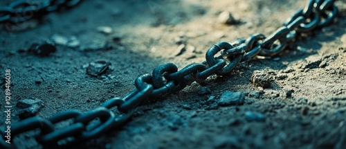 Heavy chain draped across rugged terrain, contrasting strength with earth, symbolizing constraint or resilience.