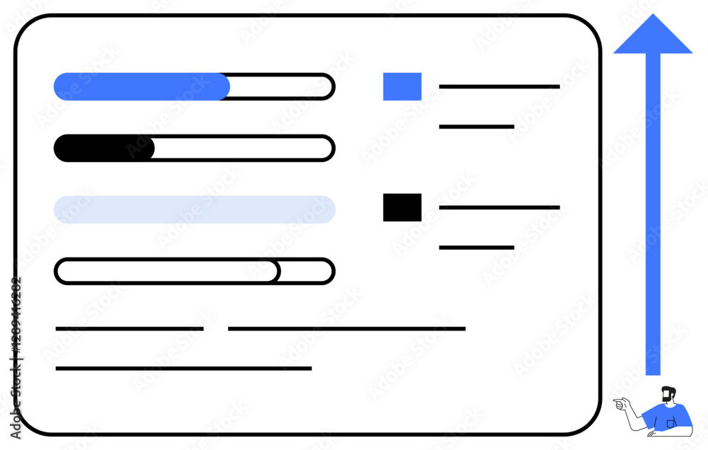 Rectangular chart with progress bars, two checkboxes, and text lines. Large upward blue arrow, while the bottom right shows a person. Ideal for productivity, growth, progress, analytics management Rectangular chart with progress bars, two checkboxes, and text lines. Large upward blue arrow, while the bottom right shows a person. Ideal for productivity, growth, progress, analytics management