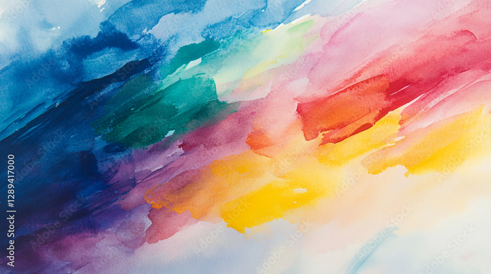 Fototapeta premium Colorful abstract watercolor painting with flowing hues of blue, green, pink, and yellow, symbolizing creativity, emotion, and the blend of colors in artistic expression.