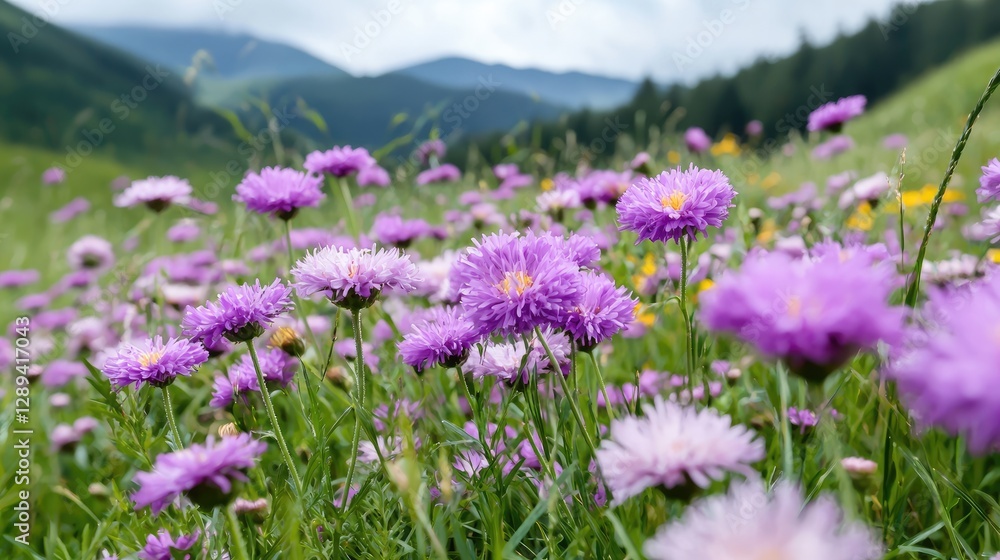 Naklejka premium Purple flowers bloom in mountain meadow