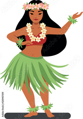 Hula dancer in vibrant green grass skirt performing gracefully with floral crown and leis in flat vector illustration