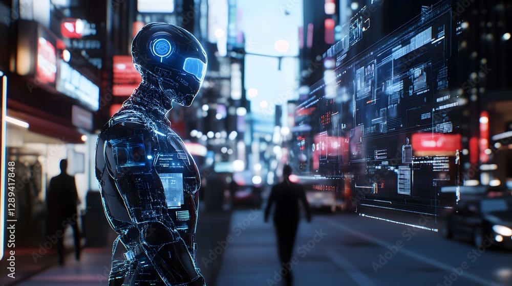 Obraz premium Futuristic Nighttime Cityscape with Predictive Security Analytics Technology