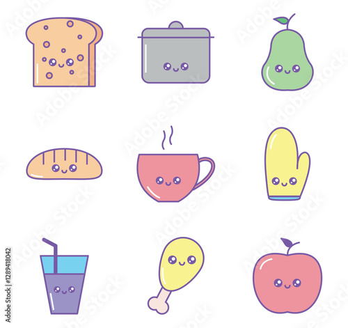 Set of kawaii food vector icons with white background