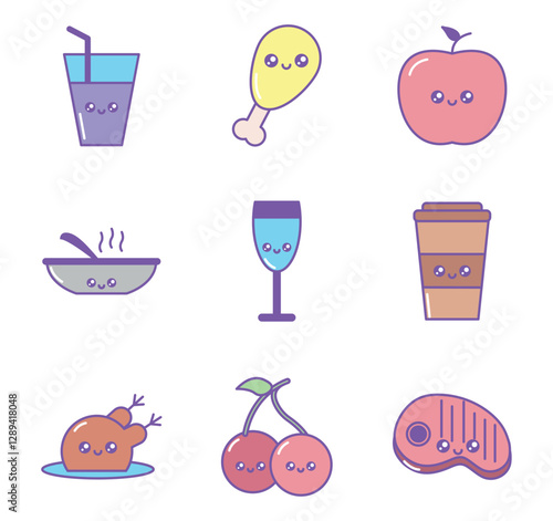 Set of kawaii food vector icons with white background