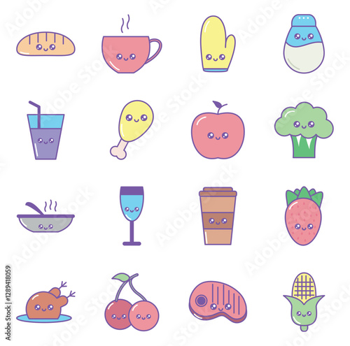 Set of kawaii food vector icons with white background