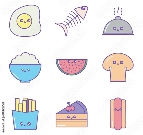 Set of kawaii food vector icons with white background