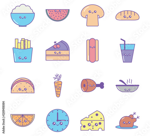 Set of kawaii food vector icons with white background