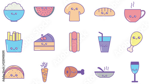 Set of kawaii food vector icons with white background