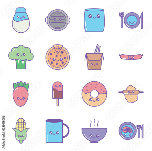 Set of kawaii food vector icons with white background