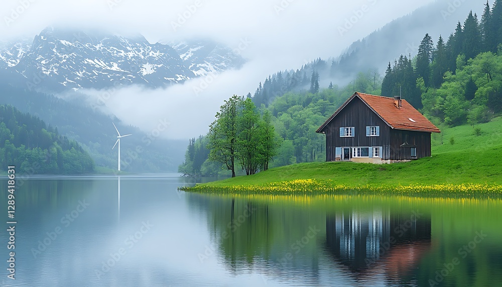 Fototapeta premium Mountain lake house mist reflection scenic
