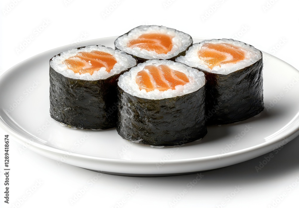 Freshly Made Salmon Sushi Rolls on a White Plate Ready to Be Served for Delightful Culinary Experience and Exotic Japanese Cuisine Enthusiasts Freshly Made Salmon Sushi Rolls on a White Plate Ready to Be Served for Delightful Culinary Experience and Exotic Japanese Cuisine Enthusiasts