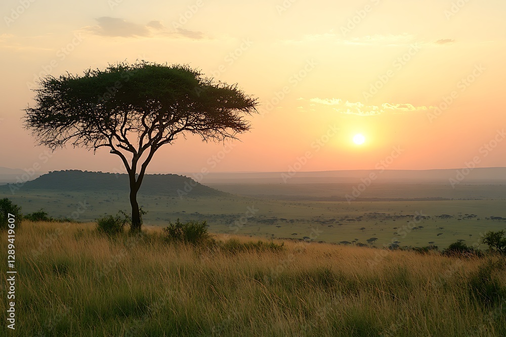 A tree stands on a hill at sunset on the savanna A tree stands on a hill at sunset on the savanna