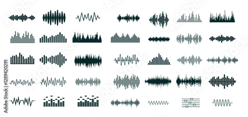 Sound wave vector graphics - Collection of audio graph spectrums and symbols for music, recording, frequency and equaliser. Design object elements on light grey background