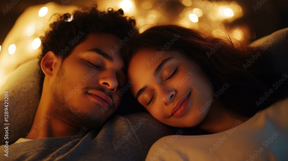 Resting in peace as one partner finds tranquility on the shoulder of the other amidst a cozy, intimate setting filled with soft lights and warmth Resting in peace as one partner finds tranquility on the shoulder of the other amidst a cozy, intimate setting filled with soft lights and warmth