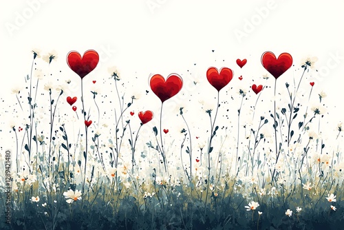 A field of love: Red hearts among wildflowers.