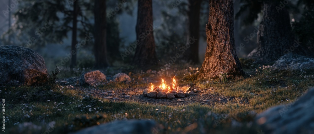 A campfire flickers gently in a tranquil forest clearing under twilight, suggesting warmth and stories shared under the night sky. A campfire flickers gently in a tranquil forest clearing under twilight, suggesting warmth and stories shared under the night sky.