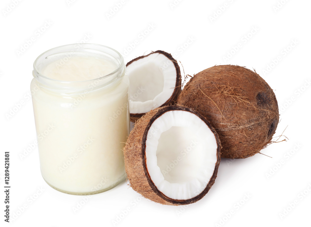 Coconuts and cooking oil isolated on white Coconuts and cooking oil isolated on white