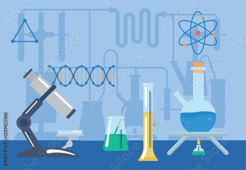 Laboratory experience. Glass bottle, microscope, chemistry research system. Pharmacology or medicine researchers. Lab equipment vector concept