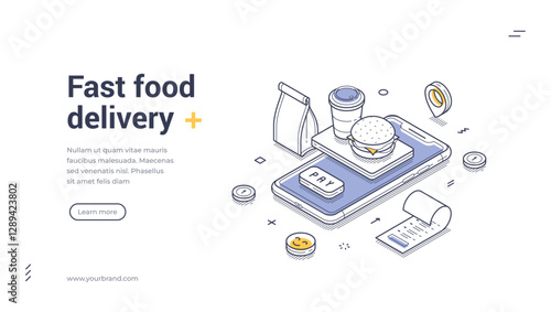 Fast food delivery web banner template. It features items like a burger, drink, and order receipt, highlighting a delivery service concept. Isometric line art vector illustration