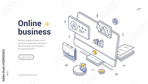 Online business isometric web banner template. It features line art graphics, including a computer monitor, charts, and documents. Vector illustration