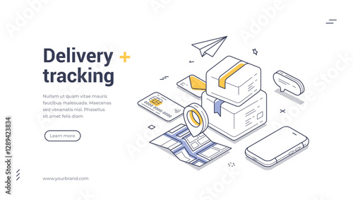 Web banner template focused on delivery tracking. It includes packages, a mobile device, and a map, all designed in a clean isometric style. Vector illustration