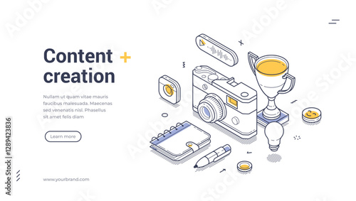 Content creation concept web banner template. A camera, trophy, notepad, and other elements highlight the creative process effectively. Vector illustration