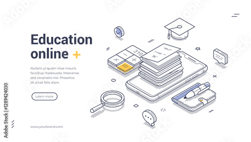 Online education concept web banner template. Elements include books, a smartphone, and study tools, perfect for promoting digital learning platforms. Modern vector isometric illustration