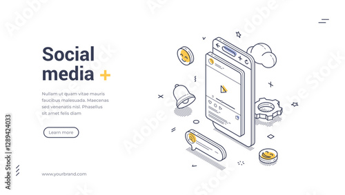 Social media concept web banner template, including a smartphone and various graphic elements. Ideal for digital marketing and creative projects. Modern isometric vector illustration