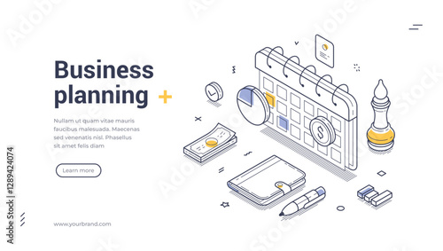 Business planning web banner template. It showcases a calendar, financial documents, and various stationery items, creating a professional atmosphere. Modern vector illustration