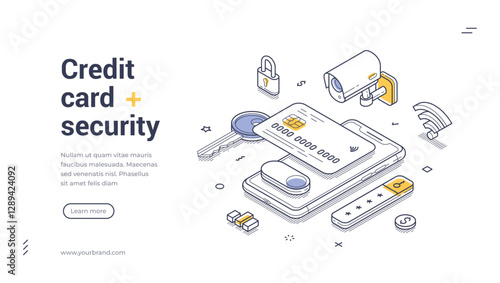 Credit card security web banner template. Elements like a smartphone, lock, and camera portray a modern approach to digital safety. Modern vector isometric line art illustration