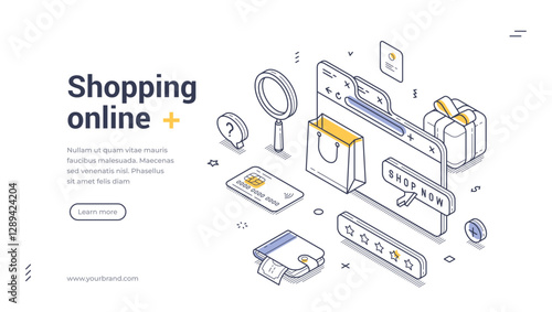 Online store concept isometric web banner template features a clean design for promoting online shopping. Vector illustration