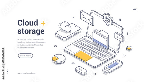 Cloud storage concept. Web banner features an isometric design showcasing a laptop surrounded by various data storage icons. Line art elements emphasize a clean, modern aesthetic