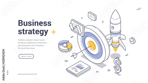 Web banner template illustrates a dynamic business strategy concept featuring isometric design elements. Vector illustration