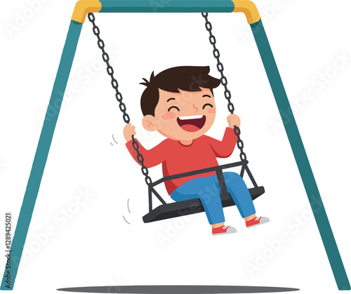 A smiling boy in a red shirt swings joyfully on a playground swing in a flat vector illustration showcasing fun and childhood vibrance vector art