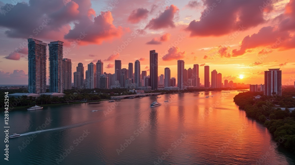 Miami skyline at sunset with skyscrapers reflecting the orange and pink hues of the sky, boats in the water creating a lively tropical city scene. Miami skyline at sunset with skyscrapers reflecting the orange and pink hues of the sky, boats in the water creating a lively tropical city scene.