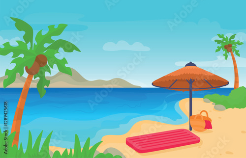 Summer beach, ocean coast with protect umbrella, bag and rubber mattress. Nature landscape with palm, sea, mountain. Tropical vacations vector illustration
