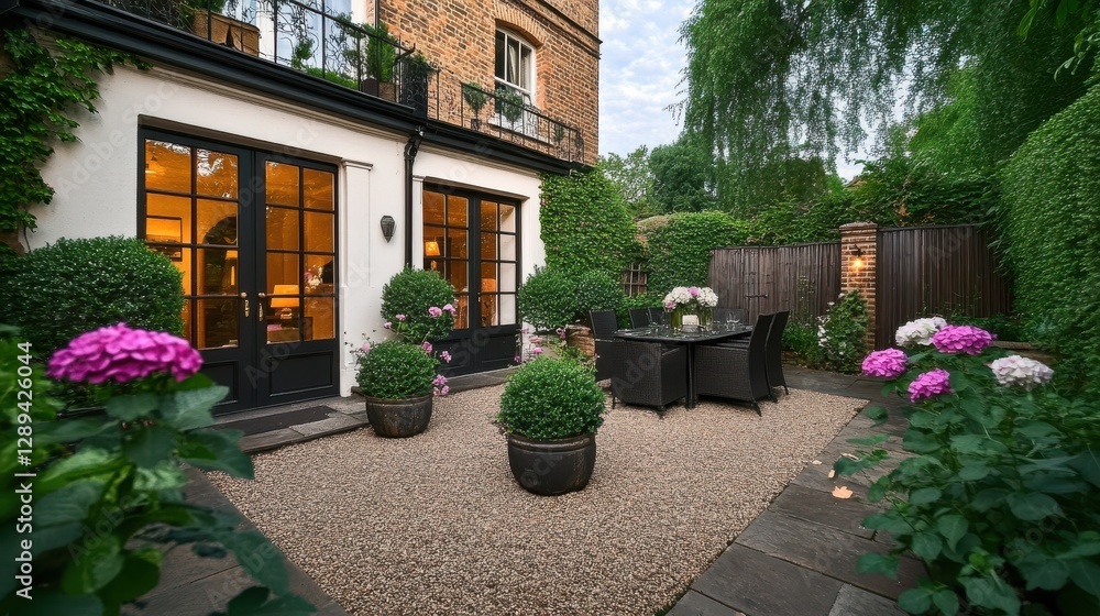 Backyard patio featuring gravel and lush greenery in london Backyard patio featuring gravel and lush greenery in london