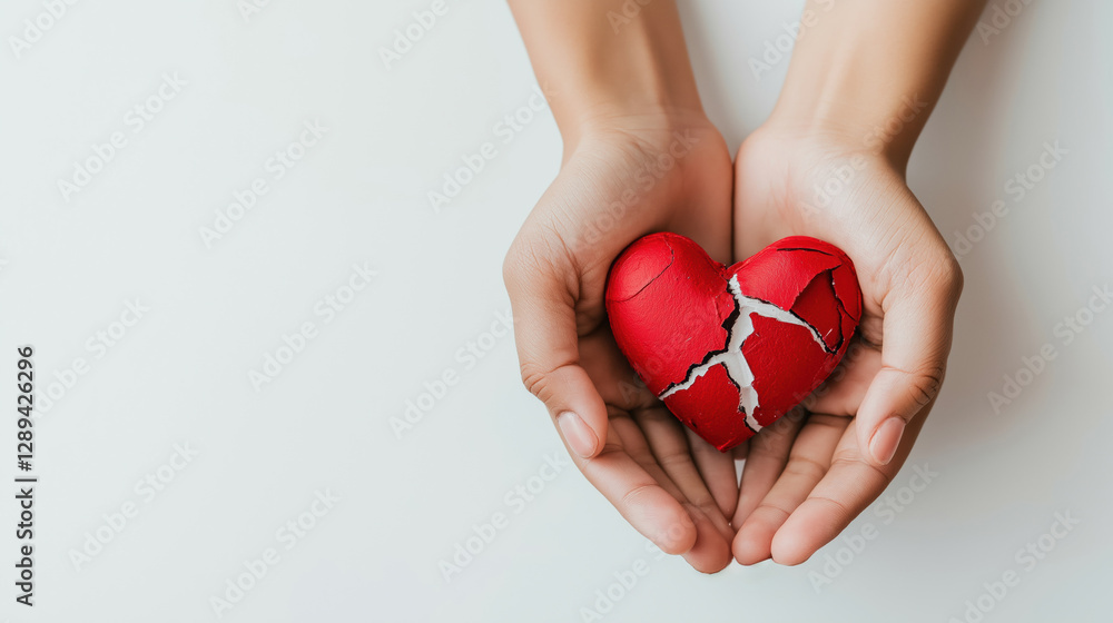 Fototapeta premium A person is holding a heart that is broken in half. The heart is red and the person is holding it with their hands. Concept of sadness and loss, as the heart is no longer whole and has been damaged