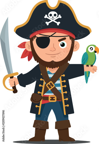 Cartoon pirate character with sword and parrot in flat, colorful style showcasing adventure and mischief in vector art