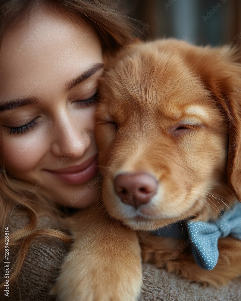Veterinarian lovingly embracing a golden retriever puppy Veterinarian lovingly embracing a golden retriever puppy
