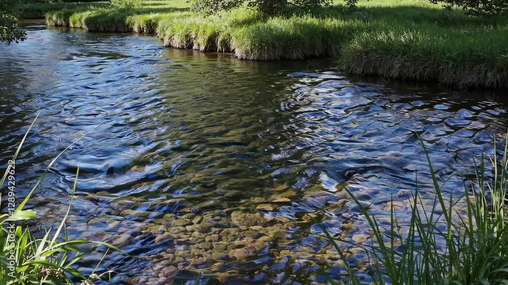 A serene video of a clear stream flowing over pebbles, captured from a high angle, showcasing tranquil nature with lush greenery.