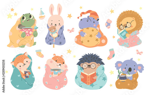 Cute animal in cozy plaids. Animals sitting in blankets, drink tea and coffee, reading books. Funny turtle, hamster, fox, koala and hedgehog, nowaday vector set