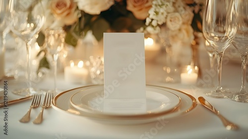 A close-up of a wedding menu placed neatly on a dinner plate surrounded by elegant decor