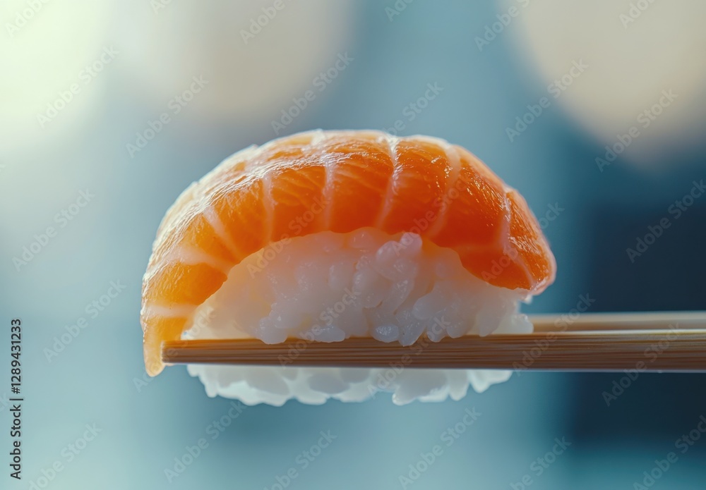 Freshly Prepared Sushi on Bamboo Chopsticks Against a Soft Background, Highlighting the Artistic Presentation of Japanese Cuisine and Culinary Craftsmanship Freshly Prepared Sushi on Bamboo Chopsticks Against a Soft Background, Highlighting the Artistic Presentation of Japanese Cuisine and Culinary Craftsmanship
