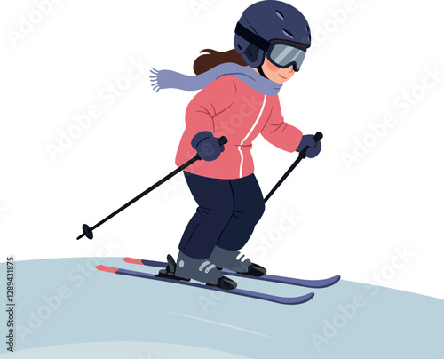 A young girl skiing down a snowy slope with enthusiasm, wearing a pink jacket and helmet, in a flat and colorful vector illustration