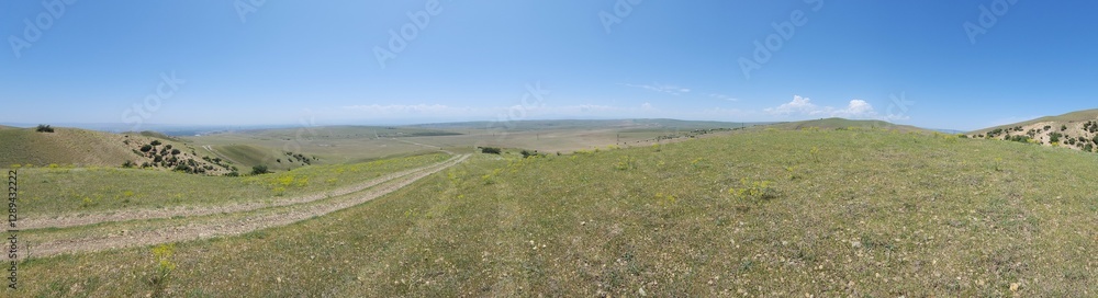 Fototapeta premium mountain, georgia, landscape, hills, greenery, shrubs, wildflowers, dirt, path, terrain, rolling, vegetation, rural, nature, foreground, background, elevation, outdoors, environment, natural, slope, v