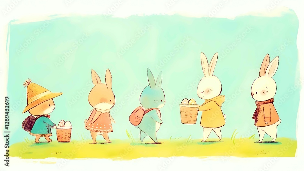 Fototapeta premium five rabbits carrying items, with a soft, whimsical style, reminiscent of a children's book illustration.